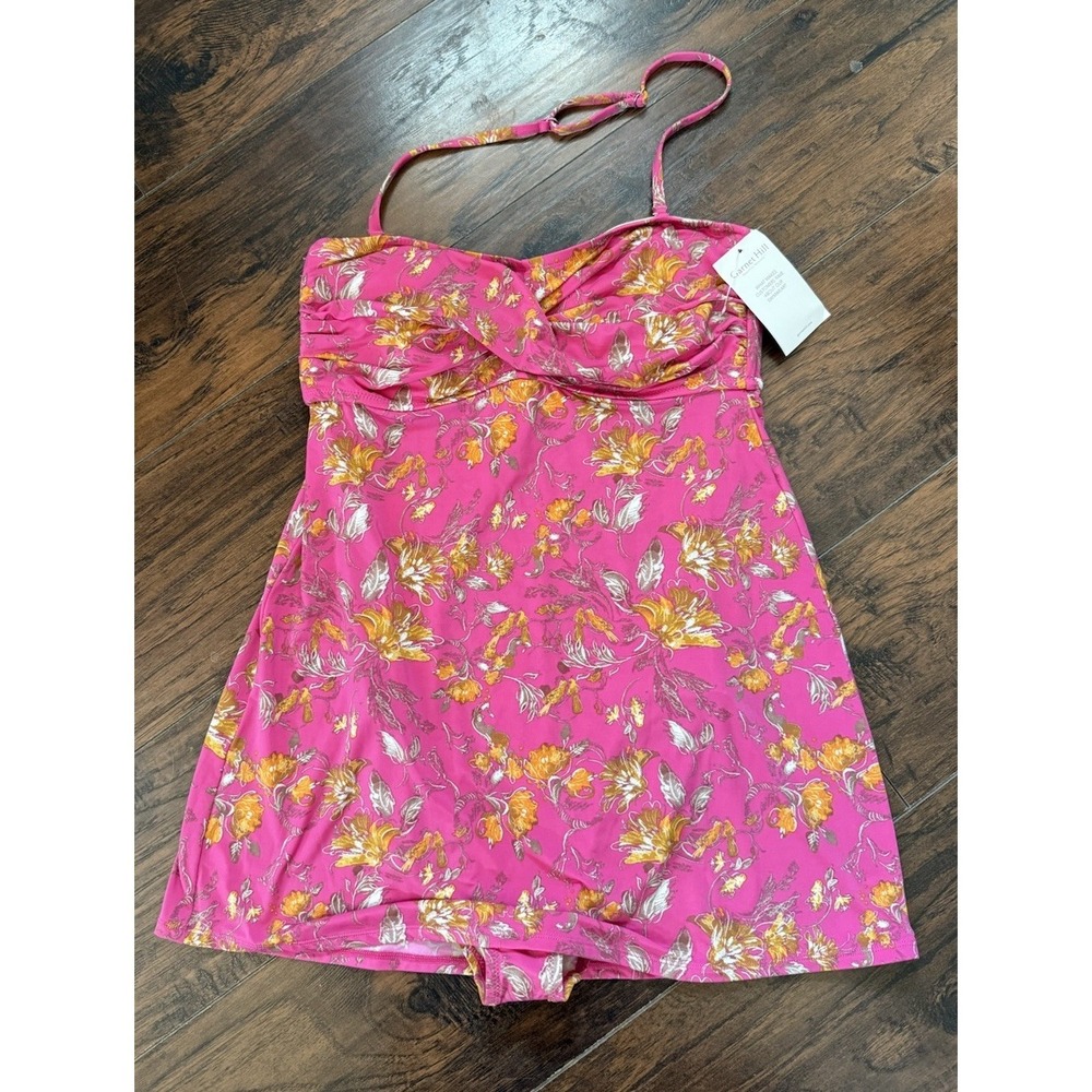 Garnet Hill NWT Pink Floral Ruched Bandeau One Piece Swim Dress Swimsuit SZ 10